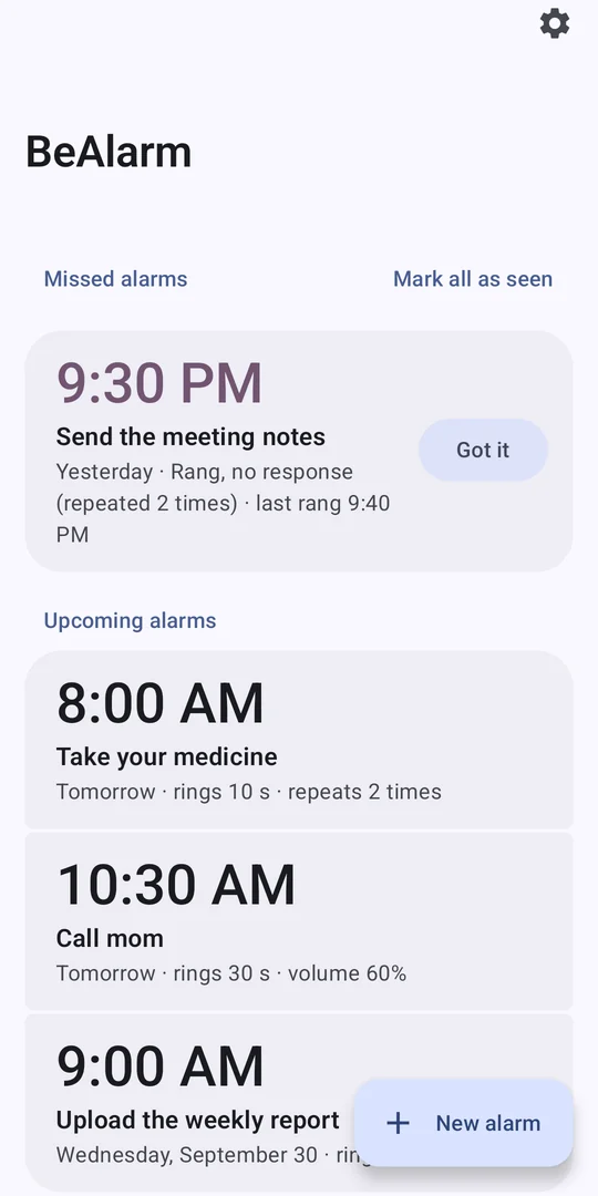 BeAlarm on Android: the list of alarms
