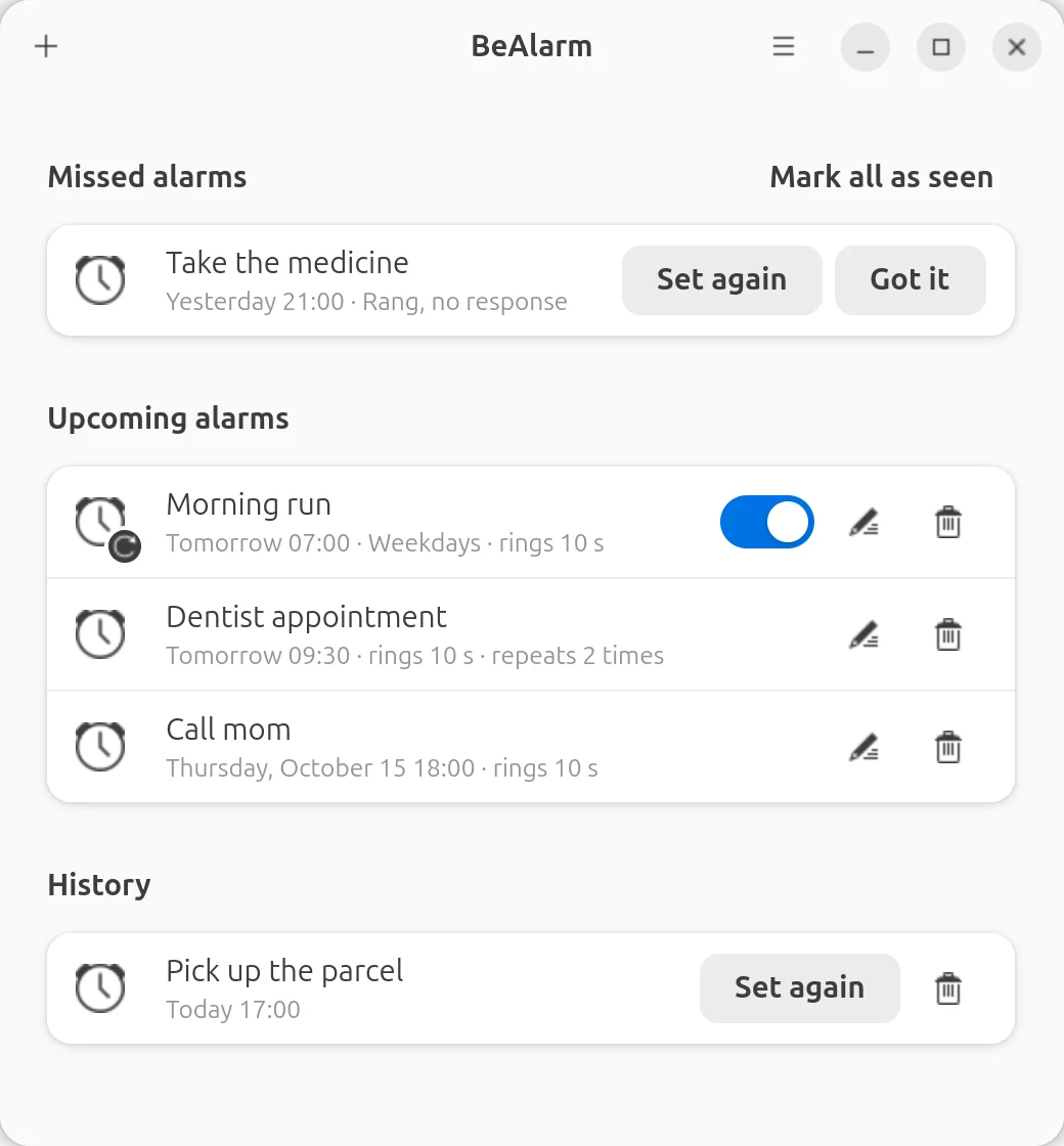 BeAlarm on GNOME: the list of alarms