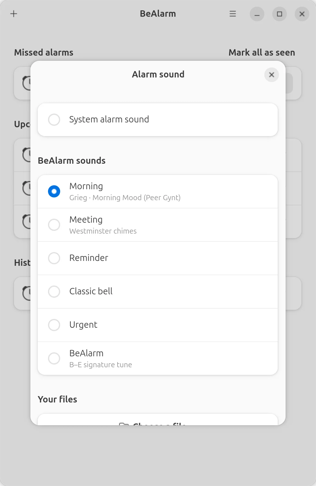 BeAlarm on GNOME: choosing a sound