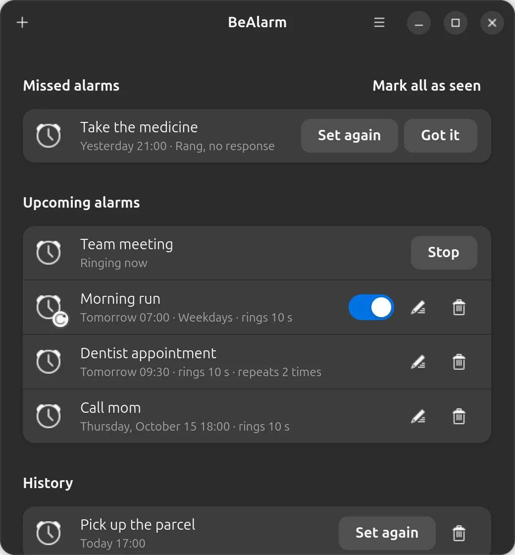 BeAlarm on GNOME in the dark style